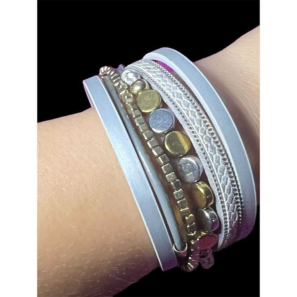 Boho Silver and Gold Multi-Layered Wrap Bracelet with Magnetic Closure - Picture 6 of 11